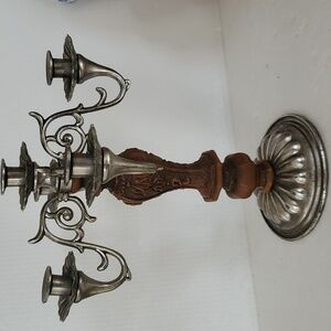 Vintage Dillys Spinning Candelabra 5 Candle Holder Signed Pewter & Carved Wood